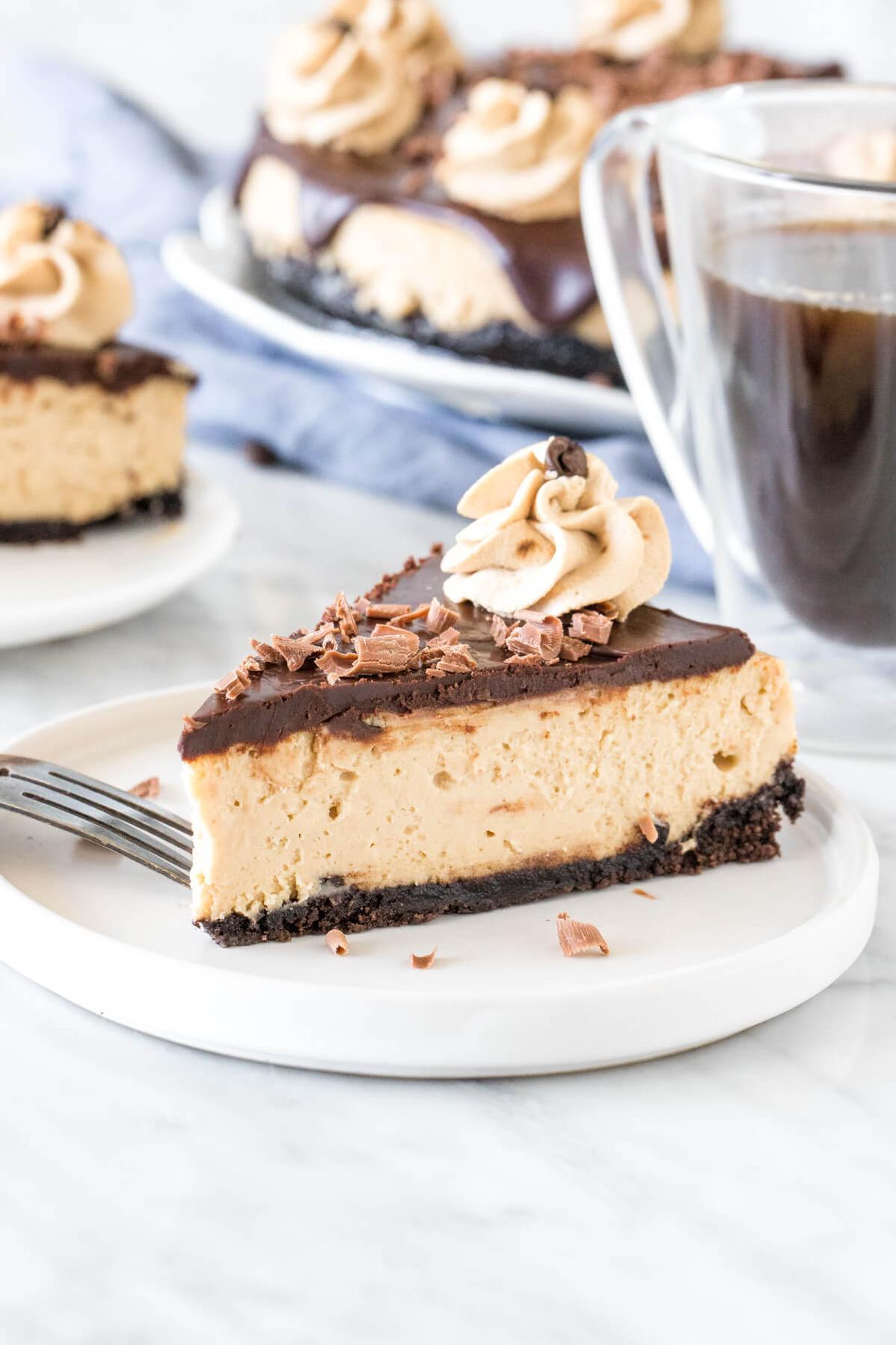  A decadent slice of heaven on a plate: chocolate cheesecake with coffee cream.
