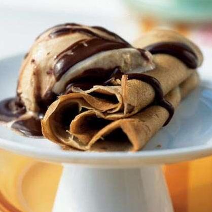 Espresso Crepes With Coffee Ice Cream and Dark Chocolate Sauce