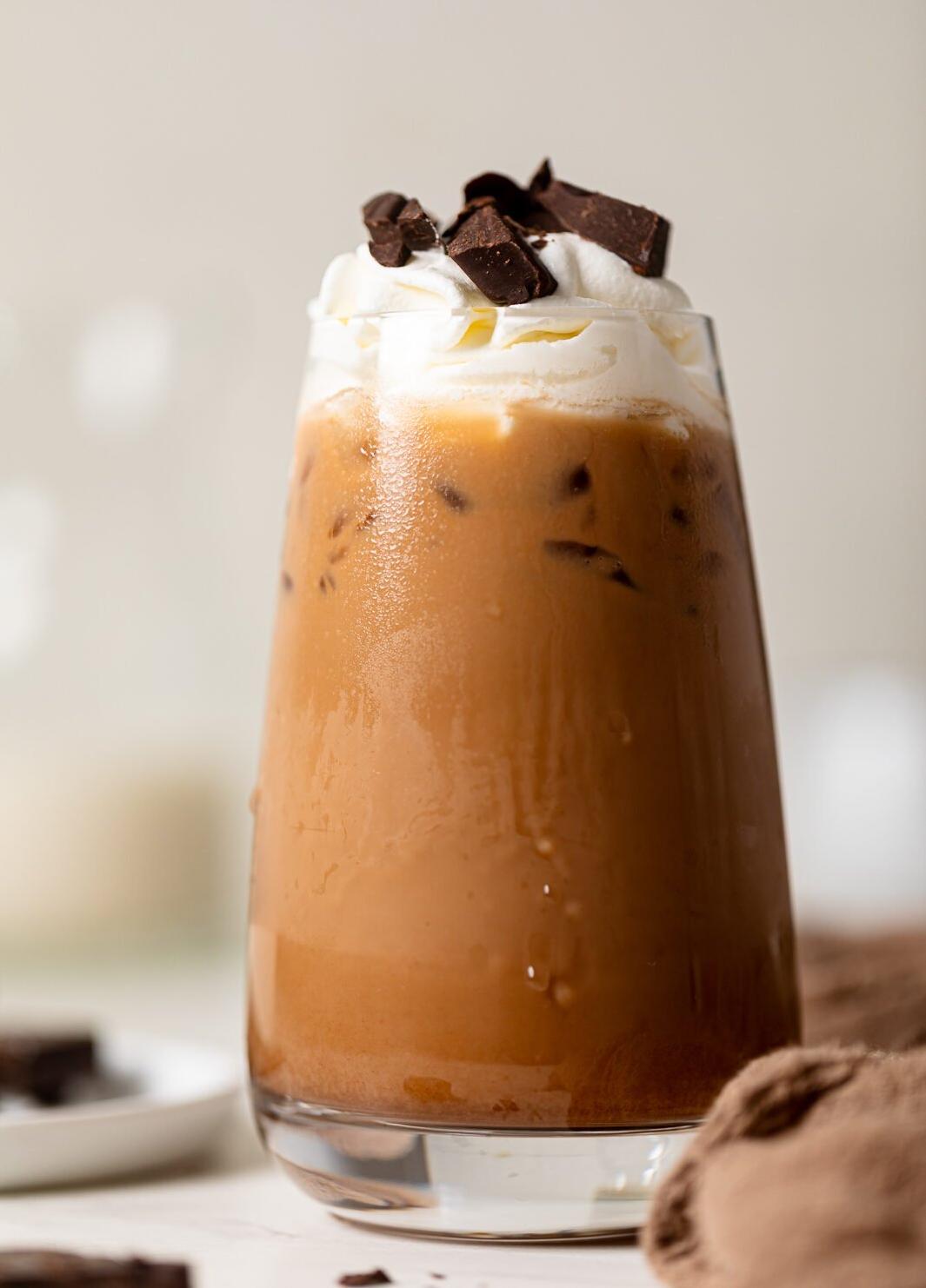  Indulge in a refreshing summer beverage with our creamy iced mocha latte.