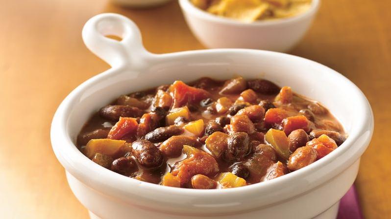  Perfect for feeding a crowd, this hearty chili is packed with protein and fiber from three different types of beans.