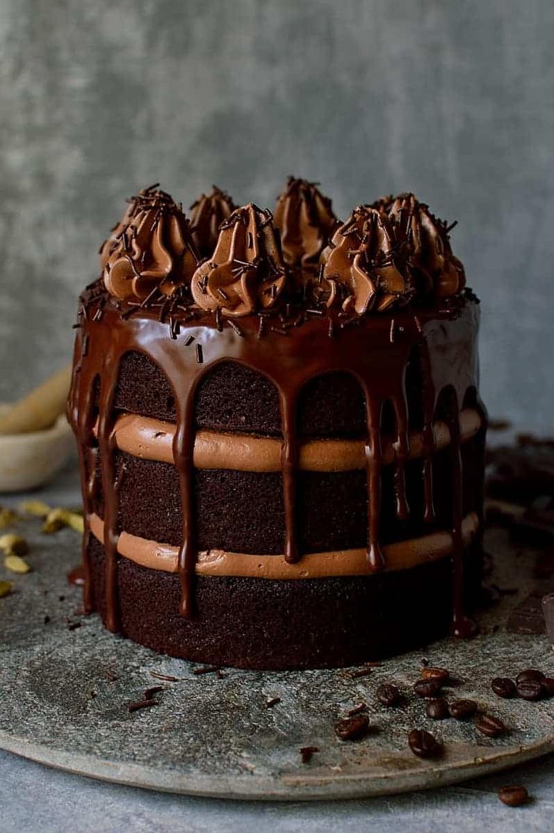  Rich chocolate coffee cake, topped with decadent dark chocolate ganache.
