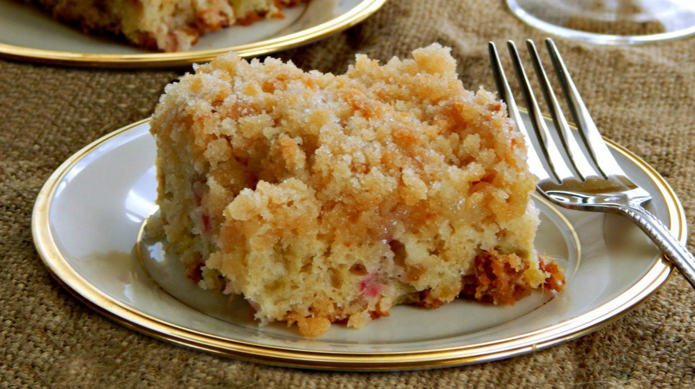  Soft, fluffy cake with a delightful tart and crunchy rhubarb topping!