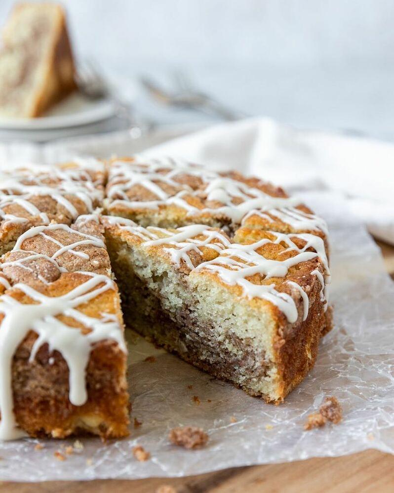  With a generous topping of cinnamon-sugar and crunchy pecans, this cake is simply heaven.